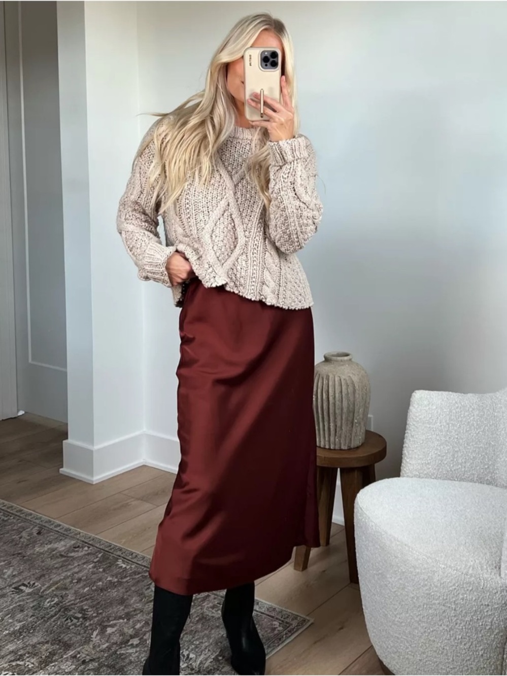 Abercrombie & Fitch Satin Midi Skirt in Deep Wine